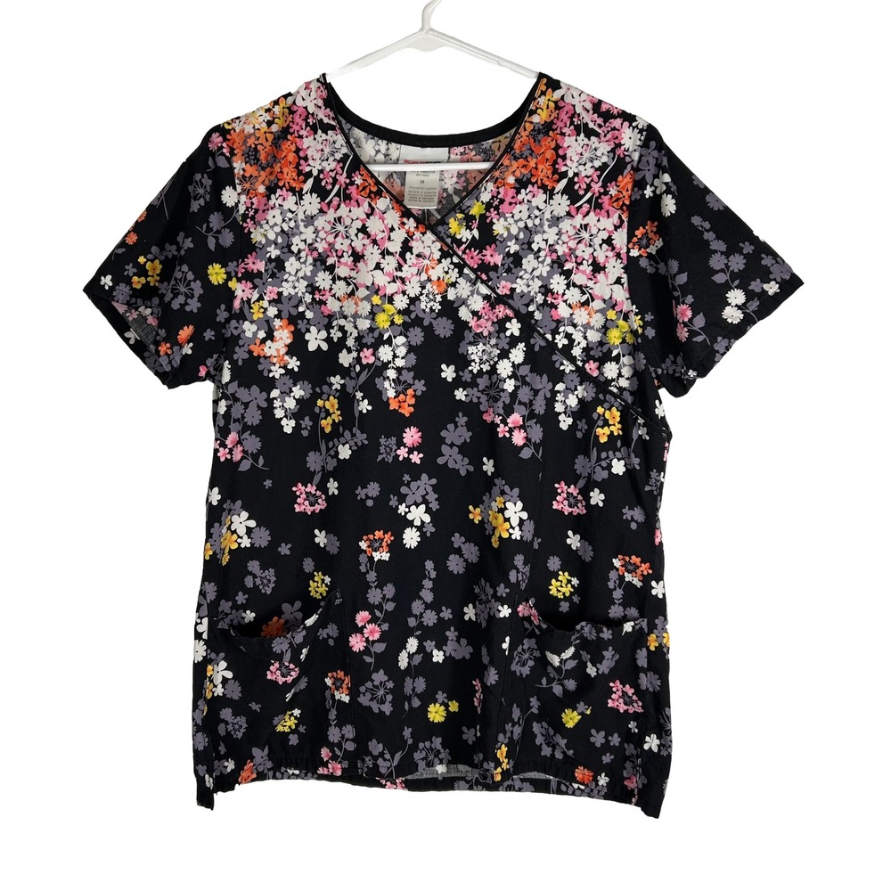 Scrubstar Womens Black Floral Mock Wrap Scrub Top V-Neck Cotton Size M